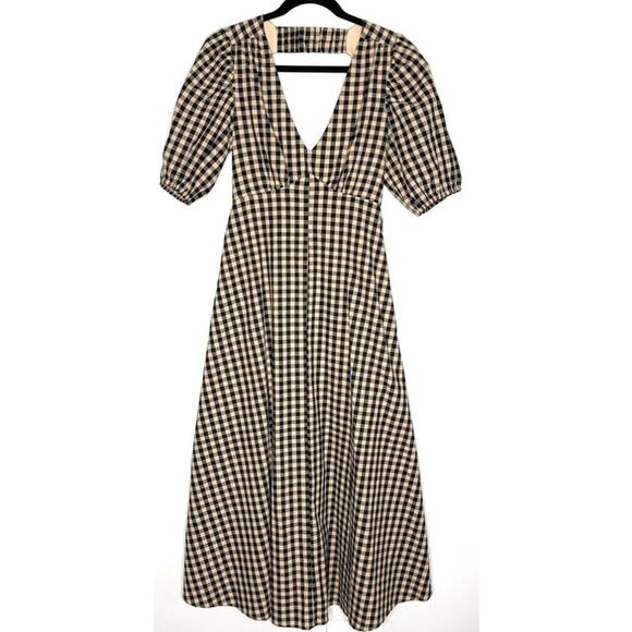 EUC DISSH Elm Chocolate Gingham Midi Dress Puff Sleeve Open Back Cotton Size 4 - Picture 5 of 16